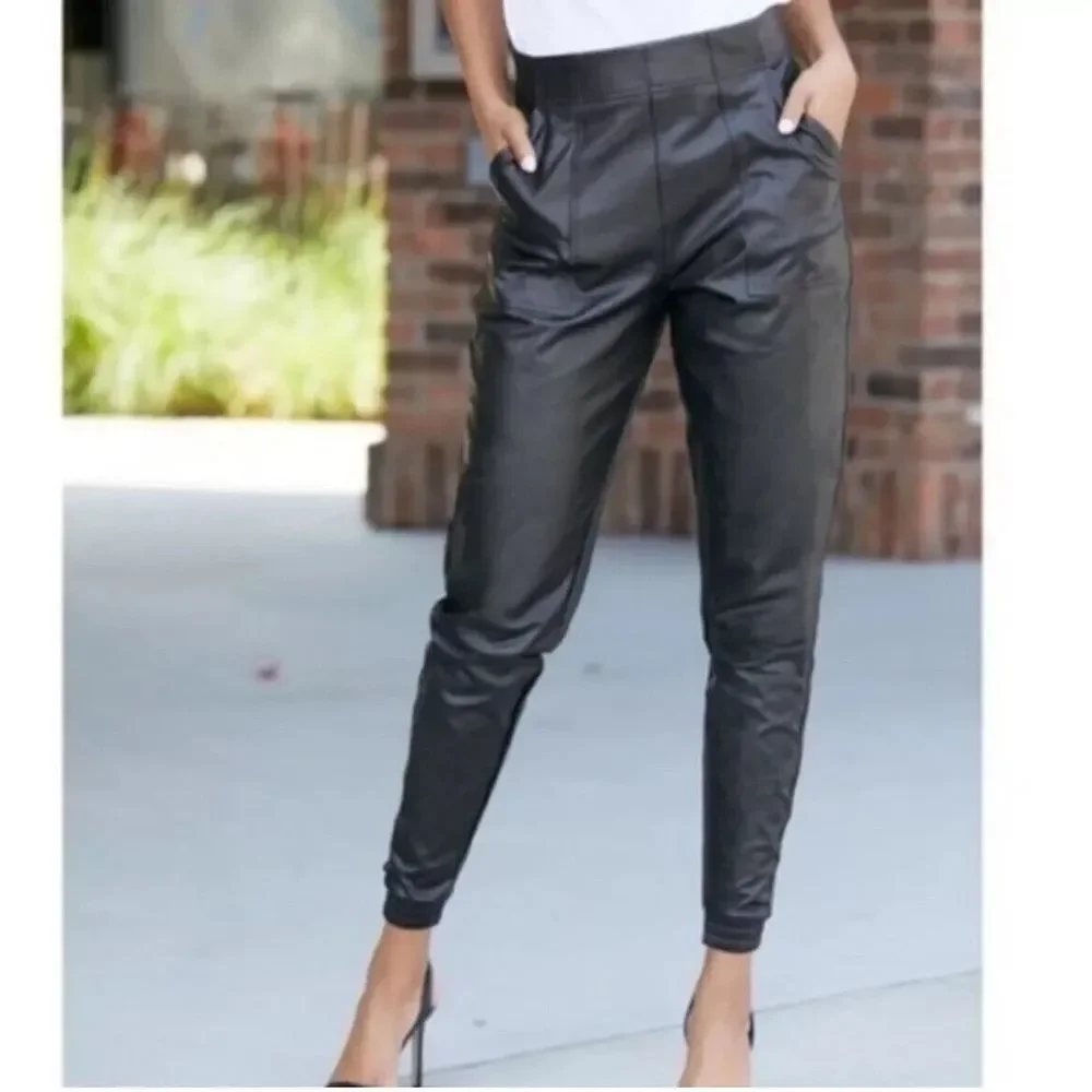 SPANX Leather Like Jogger Faux Vegan Women L‎ Pockets Pull On Pants 20283R Black